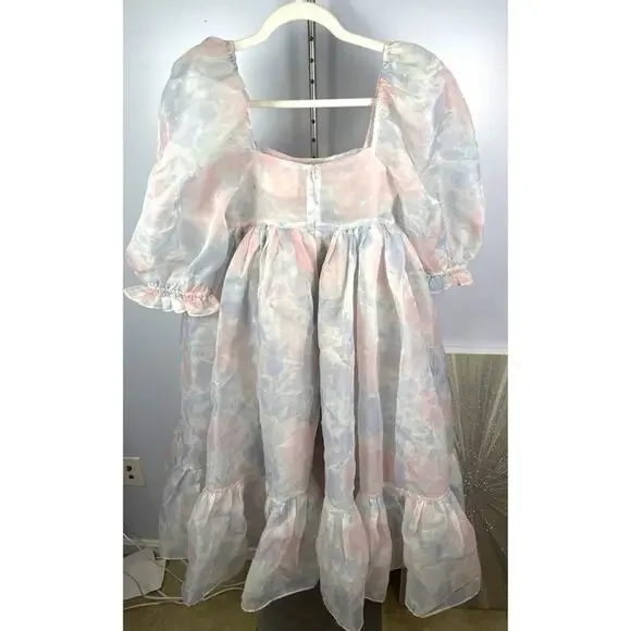 SELKIE French Puff Tulle Organza Floral Midi Dress in Watercolor Size XS - Picture 7 of 9